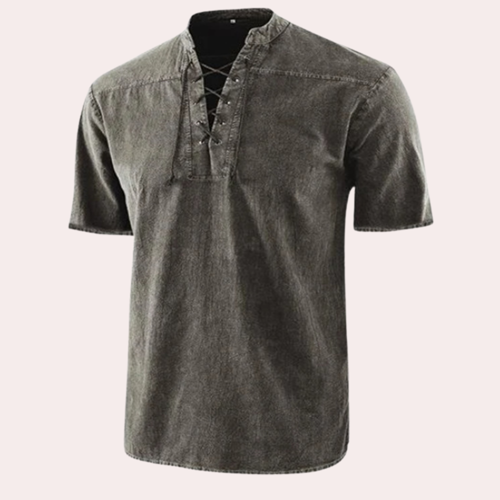Men's white V-neck stretch cotton shirt with decorative shoelace detail, modern casual fit