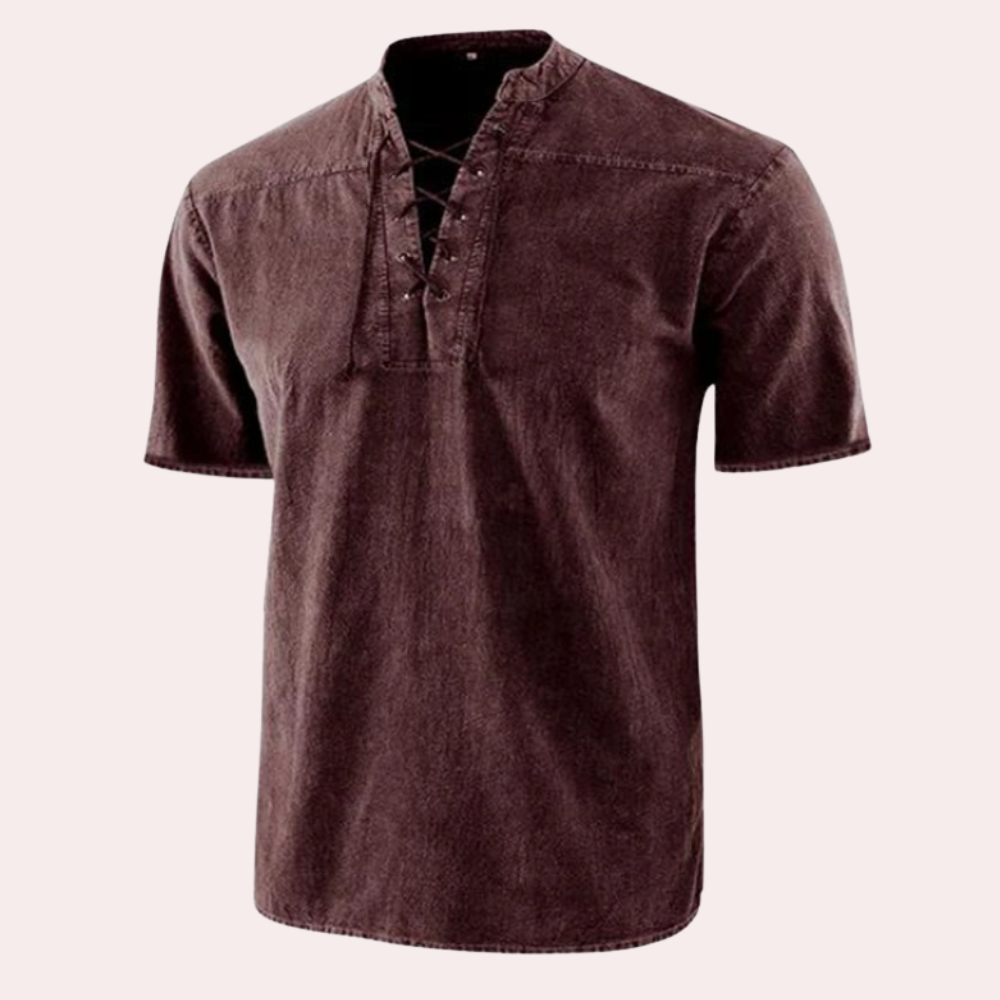 Men's white V-neck shirt with shoelace detail, breathable stretch cotton casual fit everyday wear