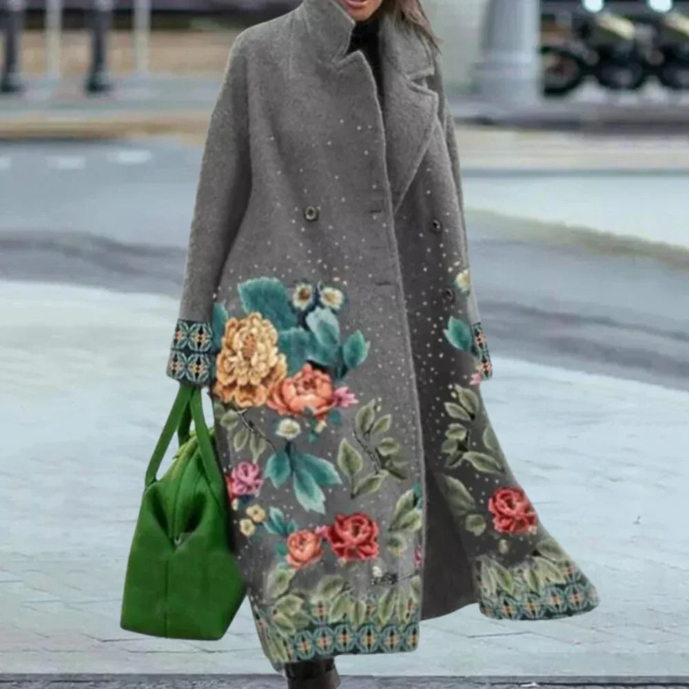Women's oversized full-length wool overcoat with bold abstract pattern, modern minimalist style