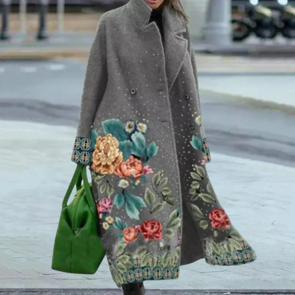 Women's wool blend full-length oversized overcoat with bold abstract pattern and button front closure