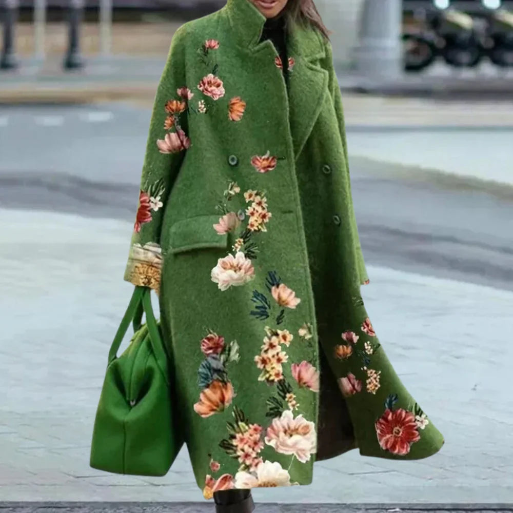 Women's oversized full-length wool overcoat with bold abstract pattern, modern autumn-winter style