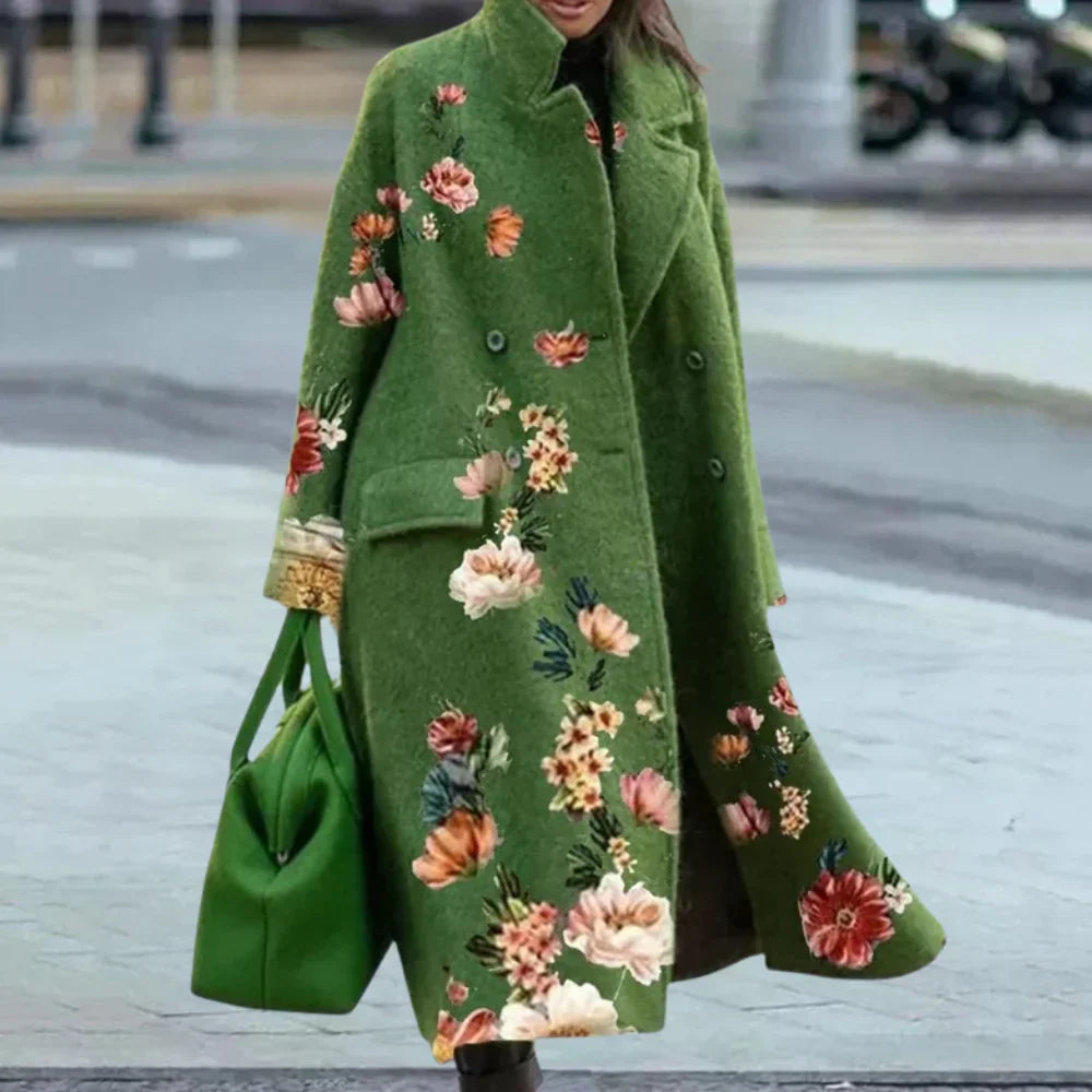 Women's wool blend full-length oversized overcoat with bold abstract pattern and button front closure