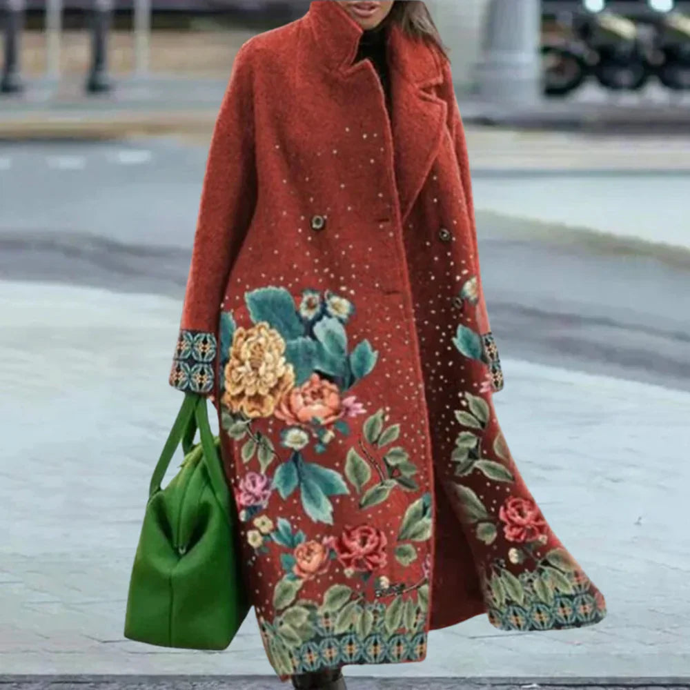 Women's wool blend full-length oversized overcoat with bold abstract pattern and button front closure