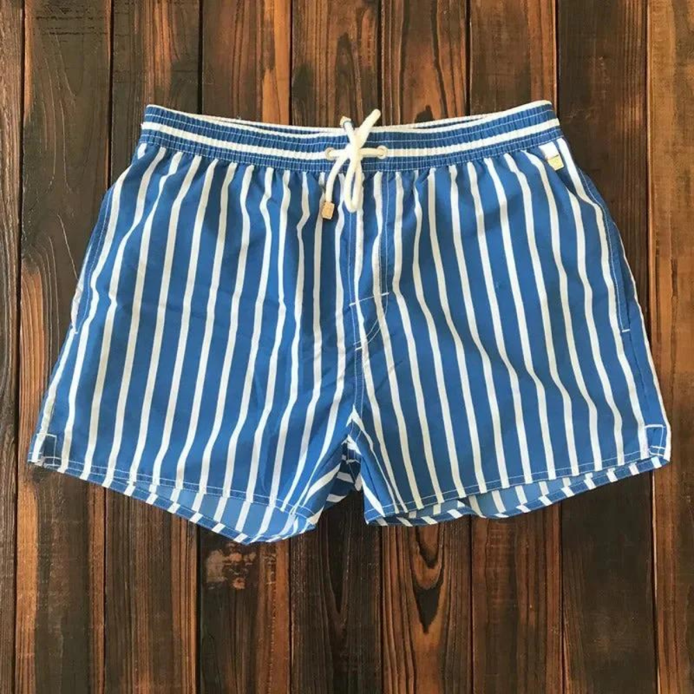 Men's striped swim trunks with elastic drawstring waistband for all-day beach comfort