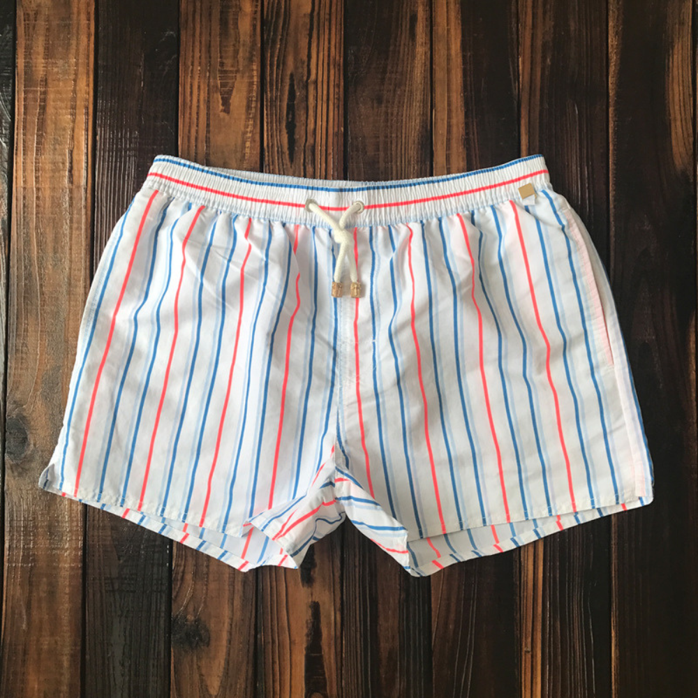 Men's striped swim trunks with elastic drawstring waistband, lightweight beach shorts for all-day comfort
