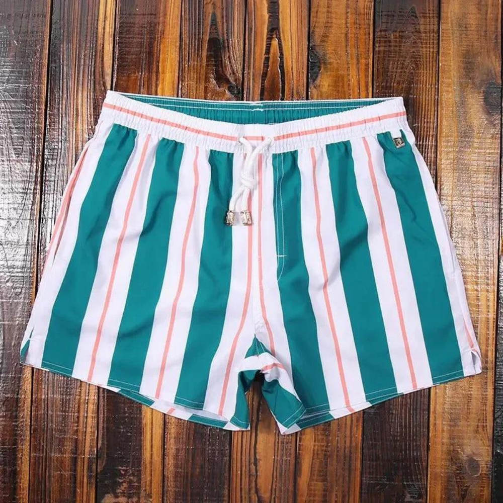 Men's striped swim trunks elastic drawstring waistband beach shorts all-day comfort fit
