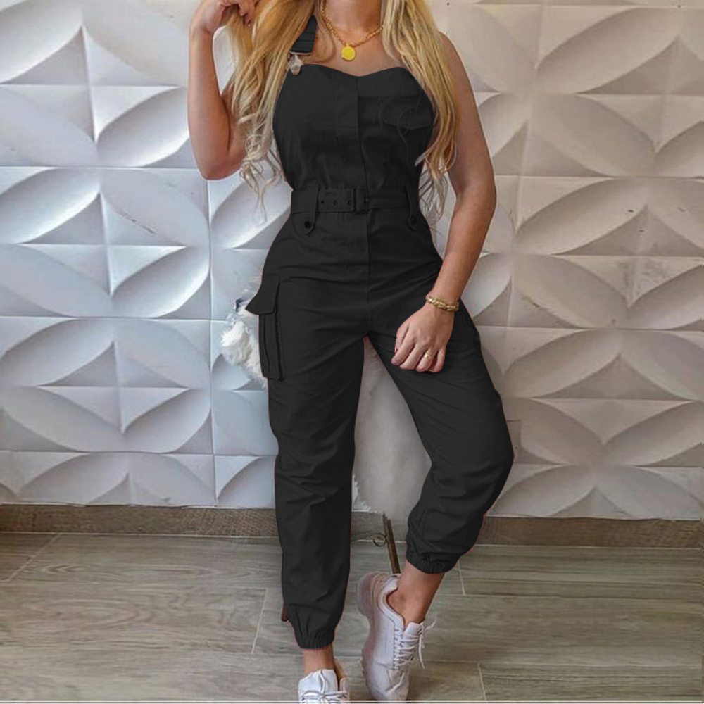 Women's tailored utility jumpsuit belted waist cargo pockets asymmetrical neckline cotton blend