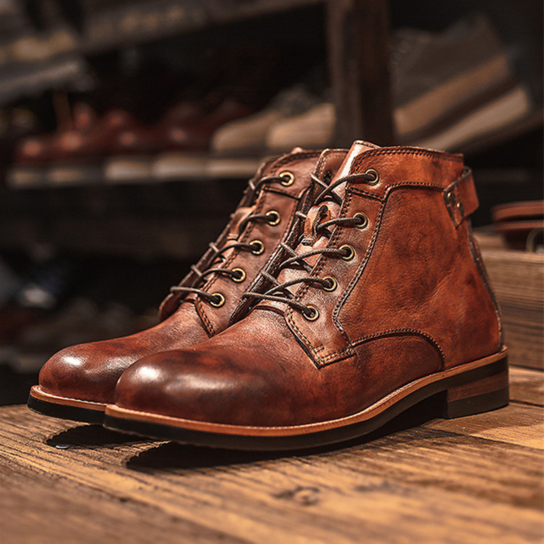 Men's genuine leather lace-up boots with sturdy sole, round toe, classic everyday style