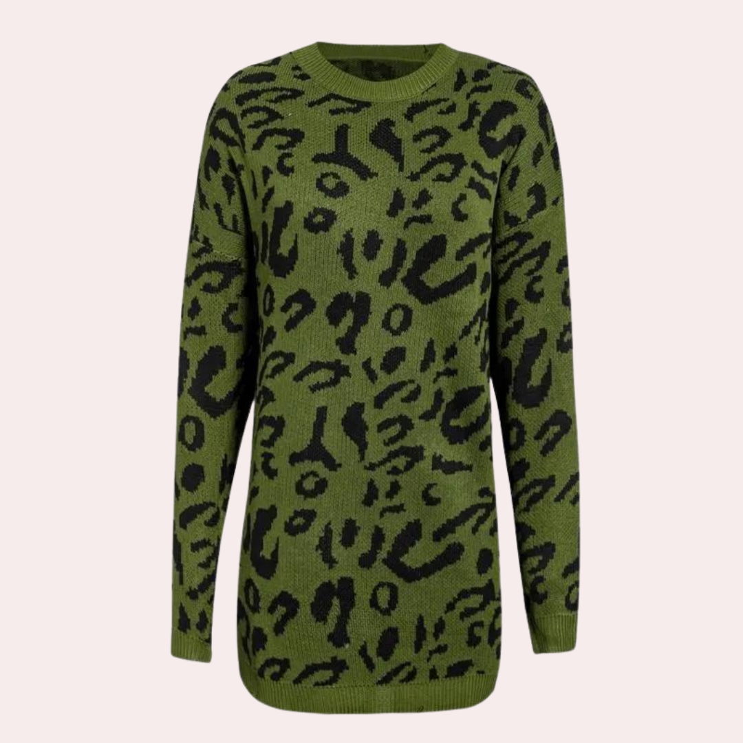 Women's leopard print sweater comfortable relaxed fit sustainable design bold pattern
