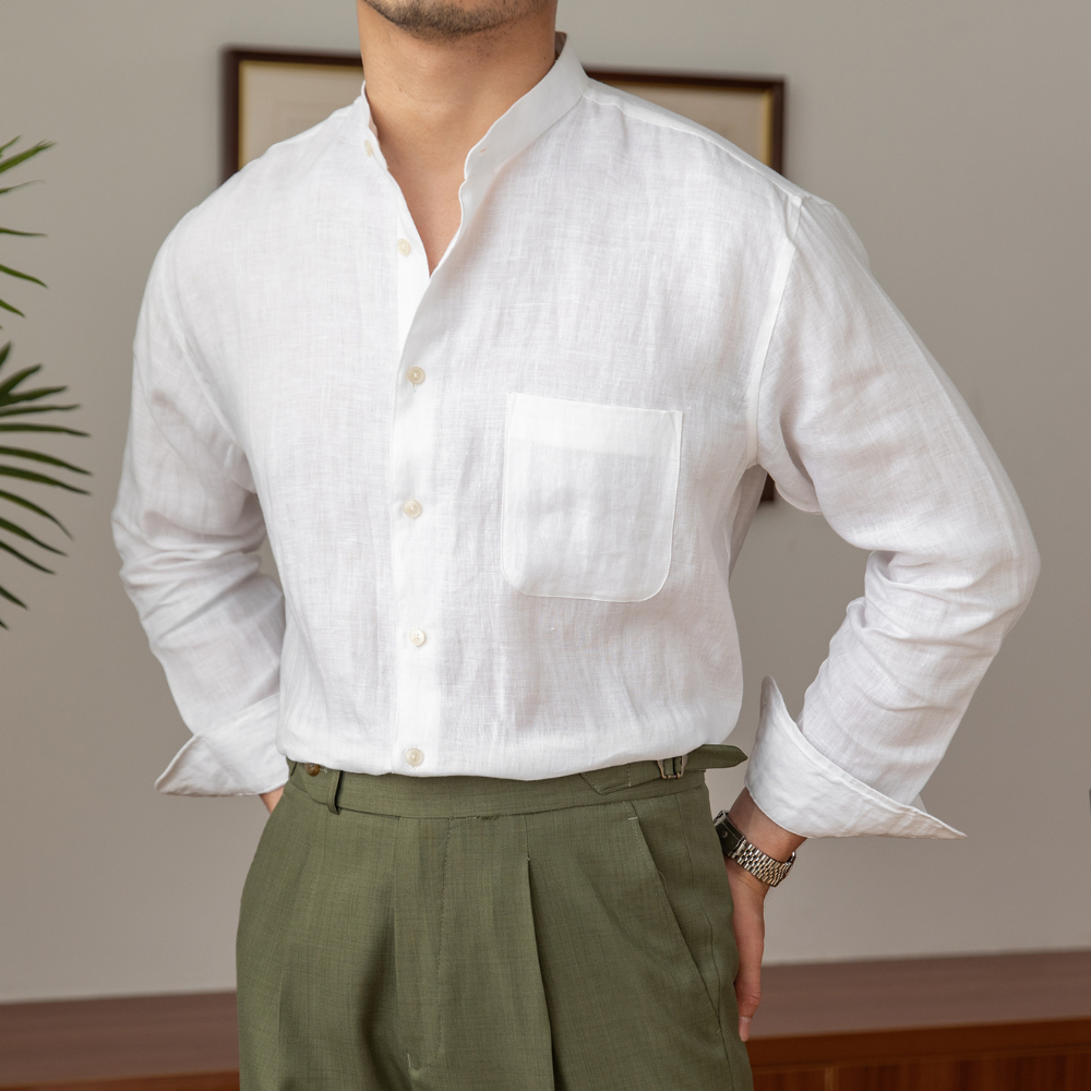 Men's beige linen blend shirt with mandarin collar, relaxed fit, long sleeve casual semi-formal style