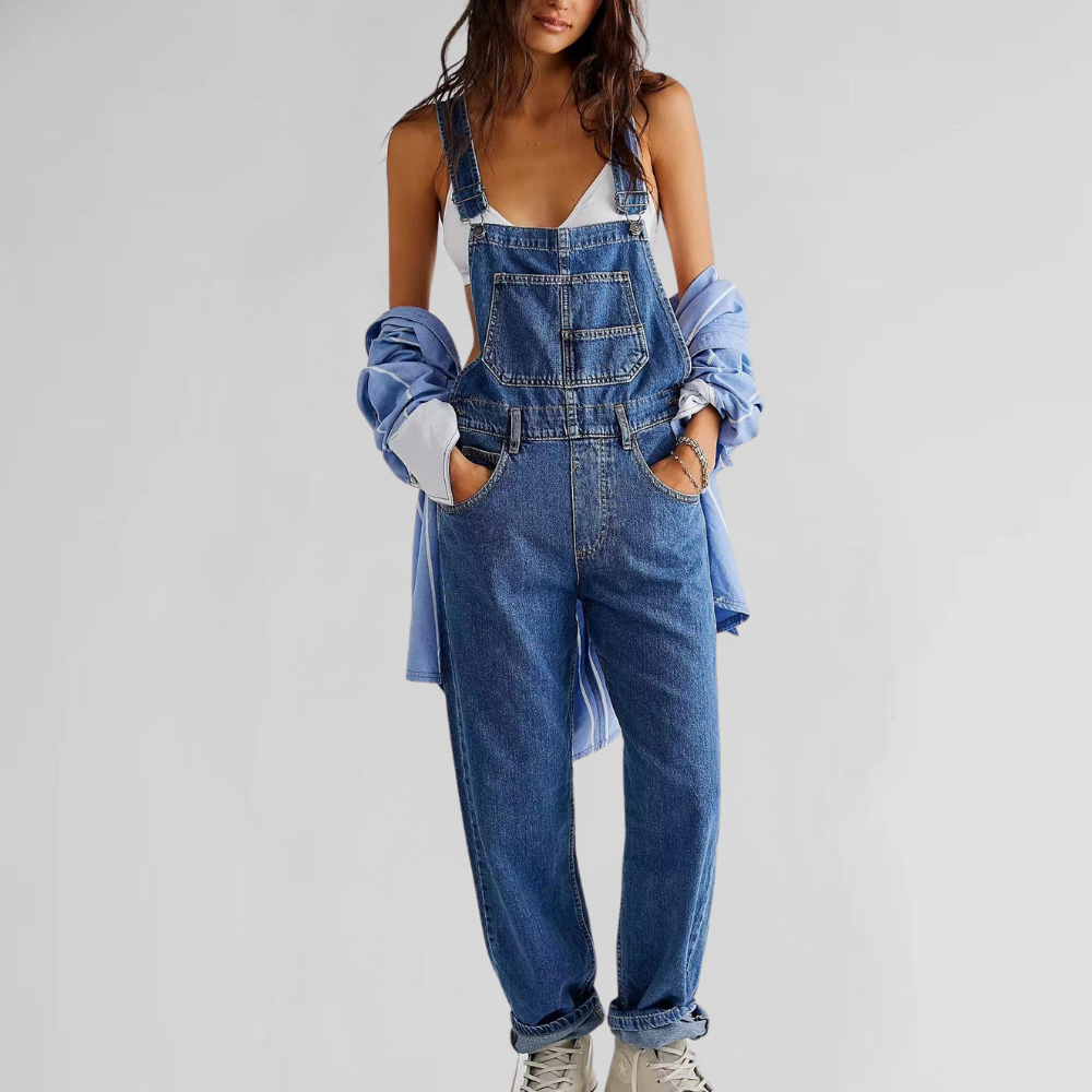 Women's relaxed fit denim overalls with adjustable straps and practical pockets for everyday style