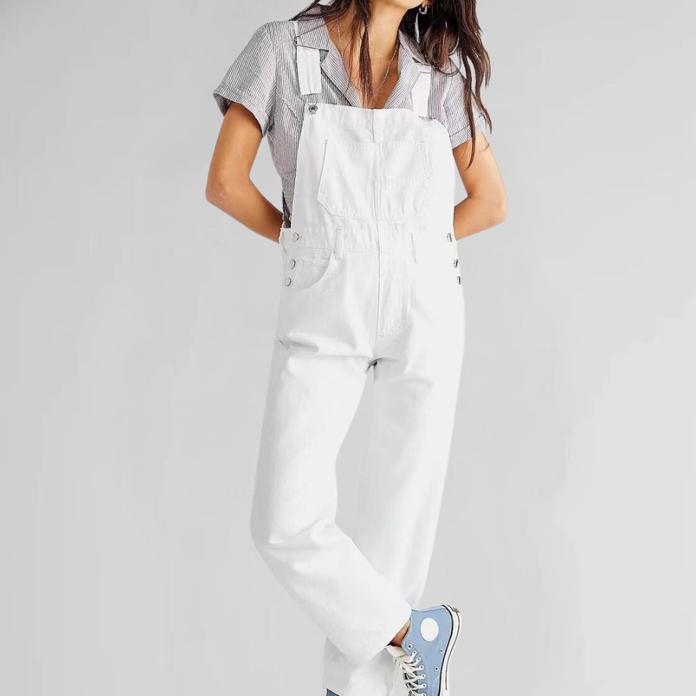 Women's blue denim relaxed-fit overalls with adjustable straps and roomy practical pockets