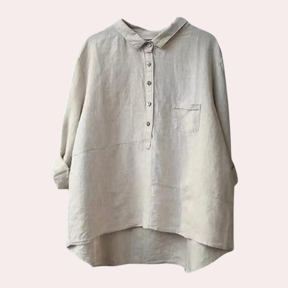 Women's loose fit cotton-linen blend shirt with button closure and asymmetric hem, lightweight everyday top