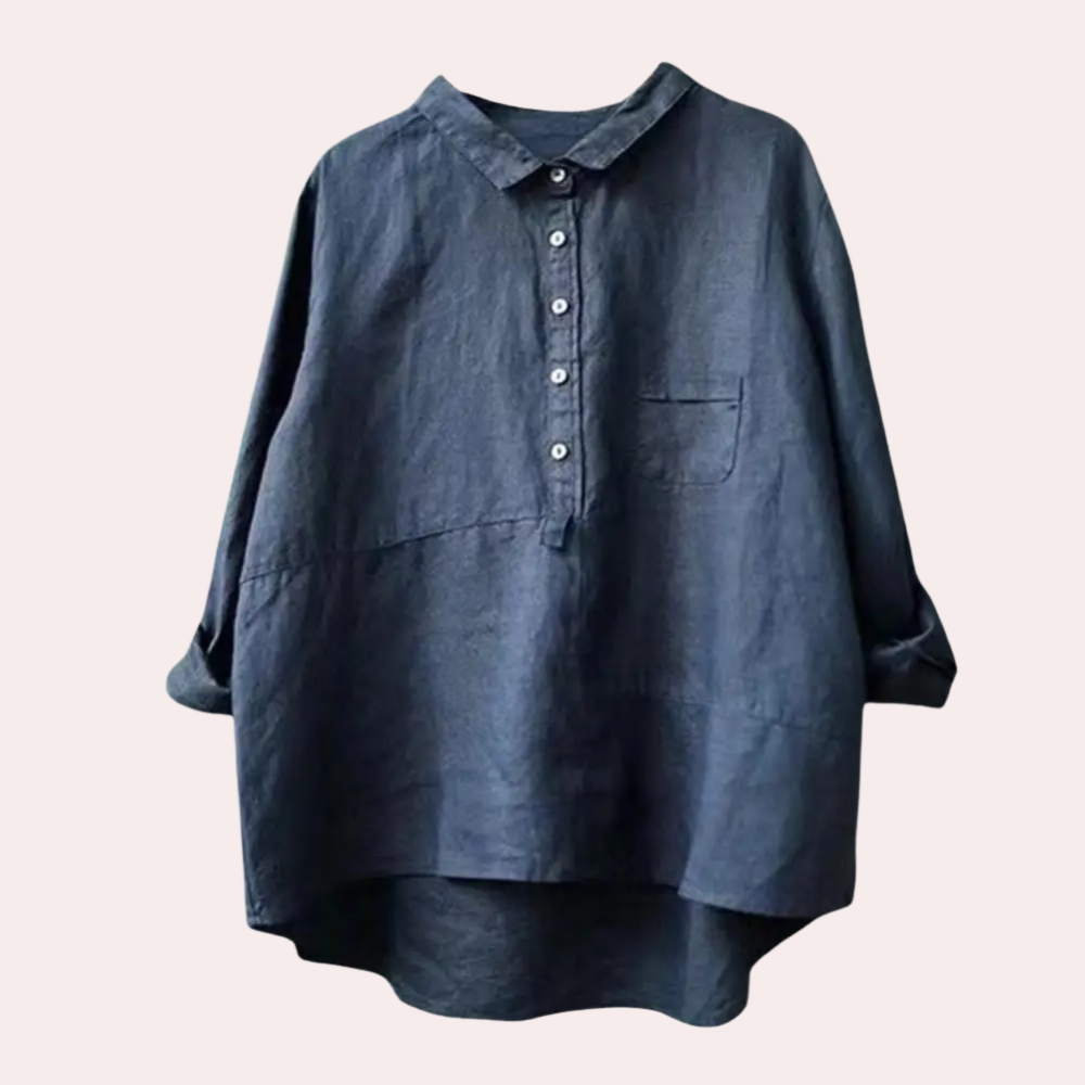 Women's loose fit cotton-linen blend shirt with button closure and asymmetric hem, breathable everyday top