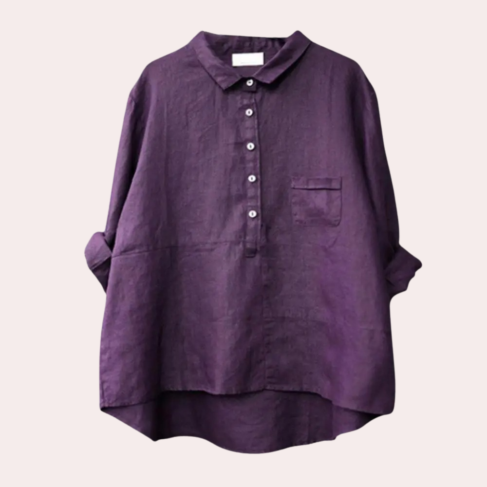 Women's loose fit cotton-linen blend shirt with button closure and asymmetric hem, lightweight everyday top