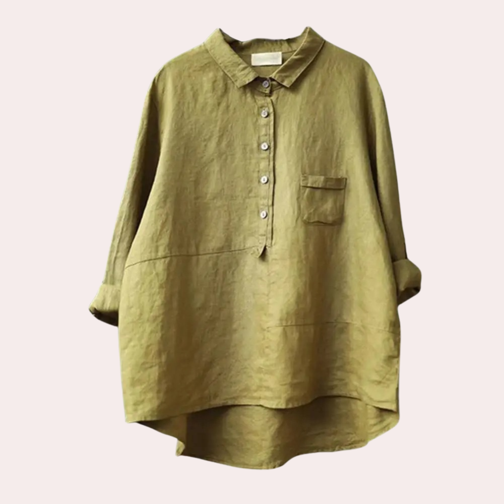 Women's loose fit cotton-linen shirt with button closure and asymmetric hem for everyday wear