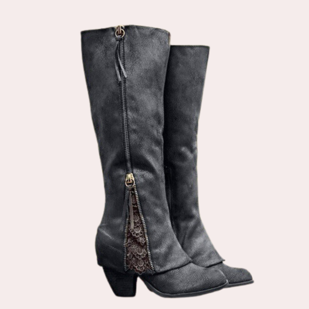 Women's knee-high faux suede block heel boots with delicate lace overlay detail for fall winter