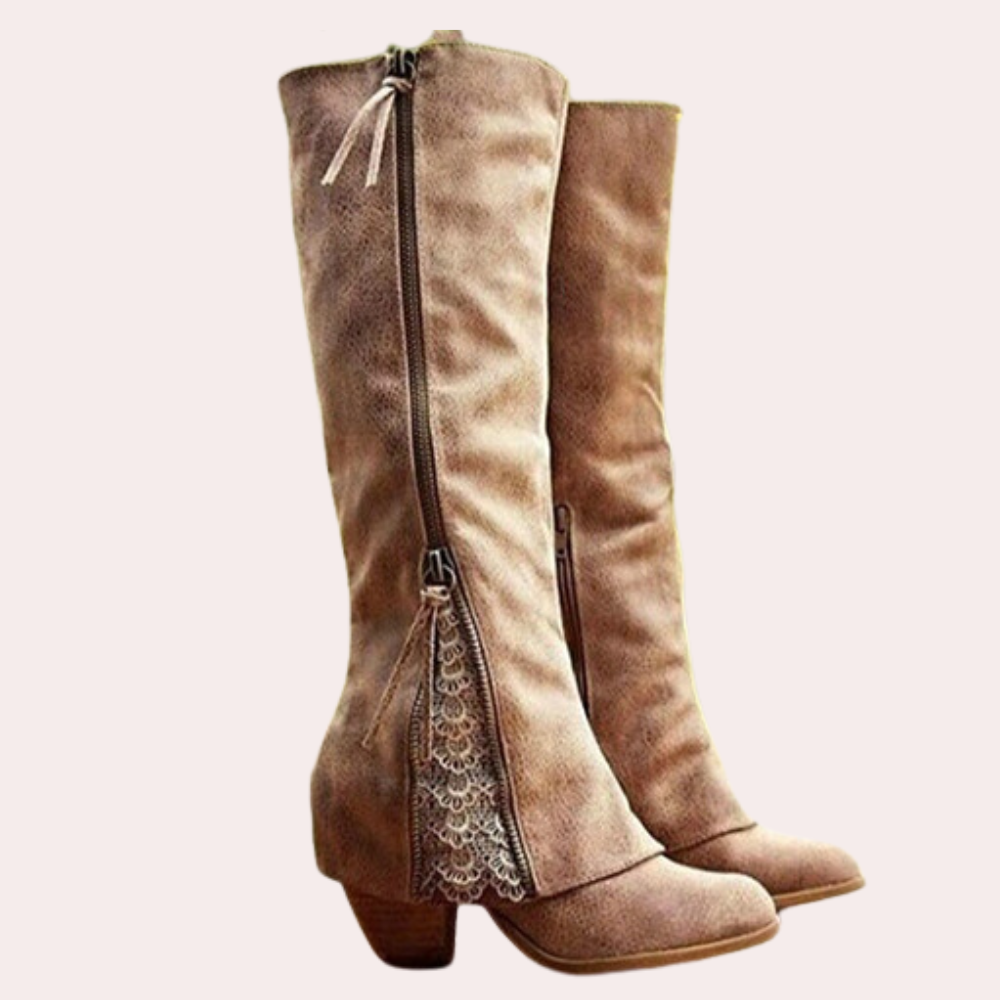 Women's knee-high faux suede block heel boots with delicate lace overlay detail for fall winter