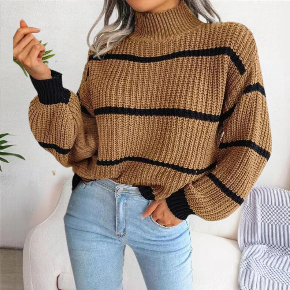 Celine women's black and white striped soft knit high neck sweater with bold contrast pattern