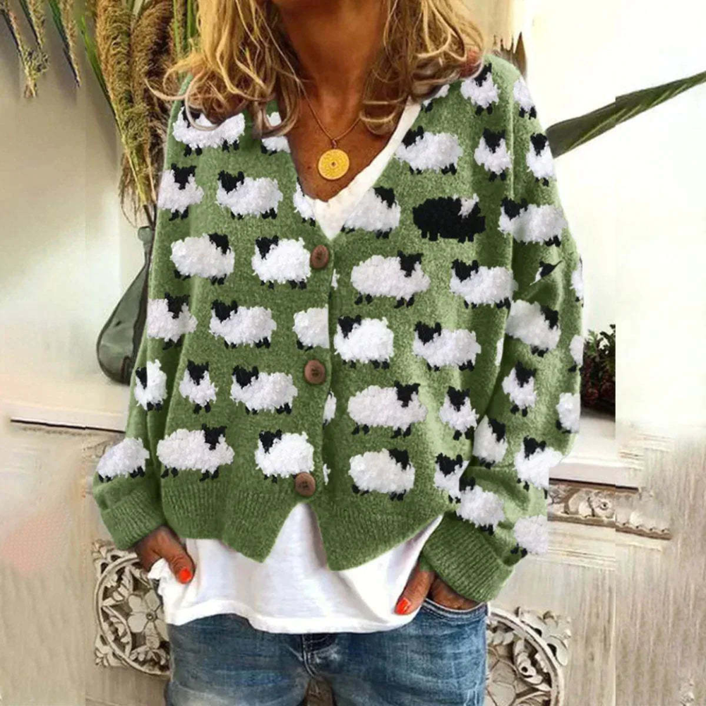 Women's relaxed fit V-neck knit cardigan with button closure and playful sheep motif