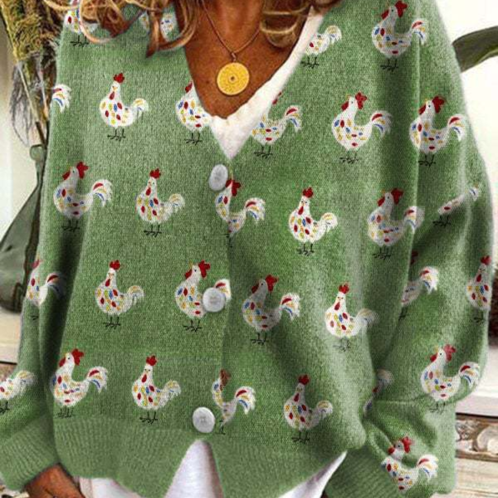 Women's relaxed fit V-neck knit cardigan with button closure and playful sheep motif