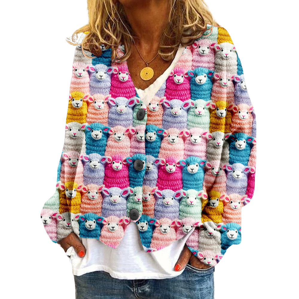 Women's relaxed fit V-neck knit cardigan with button closure and playful sheep motif