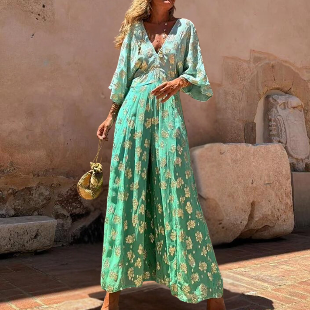 Women's lightweight loose-fit maxi dress V-neck kimono sleeves vacation-ready urban style