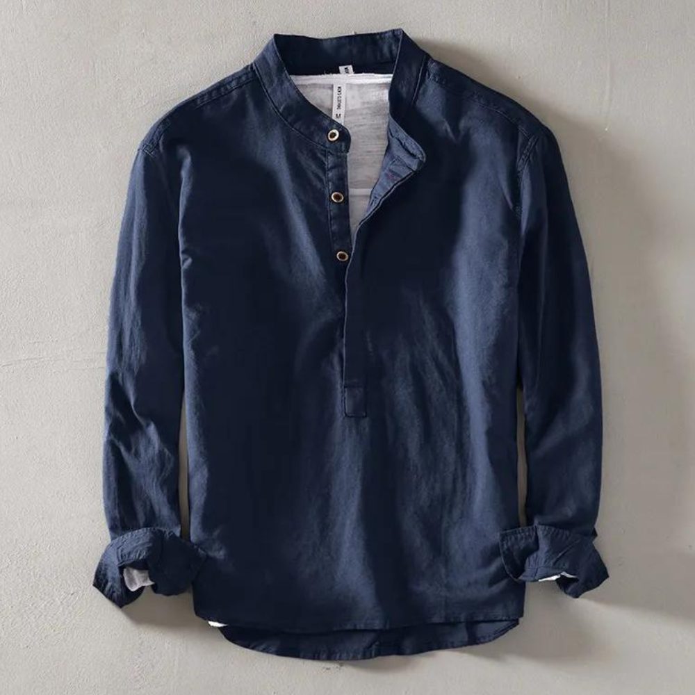 Men's beige cotton linen henley shirt mandarin collar long sleeve breathable textured finish