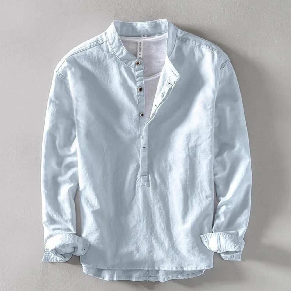 Men's long sleeve henley shirt mandarin collar breathable cotton linen blend casual refined fit