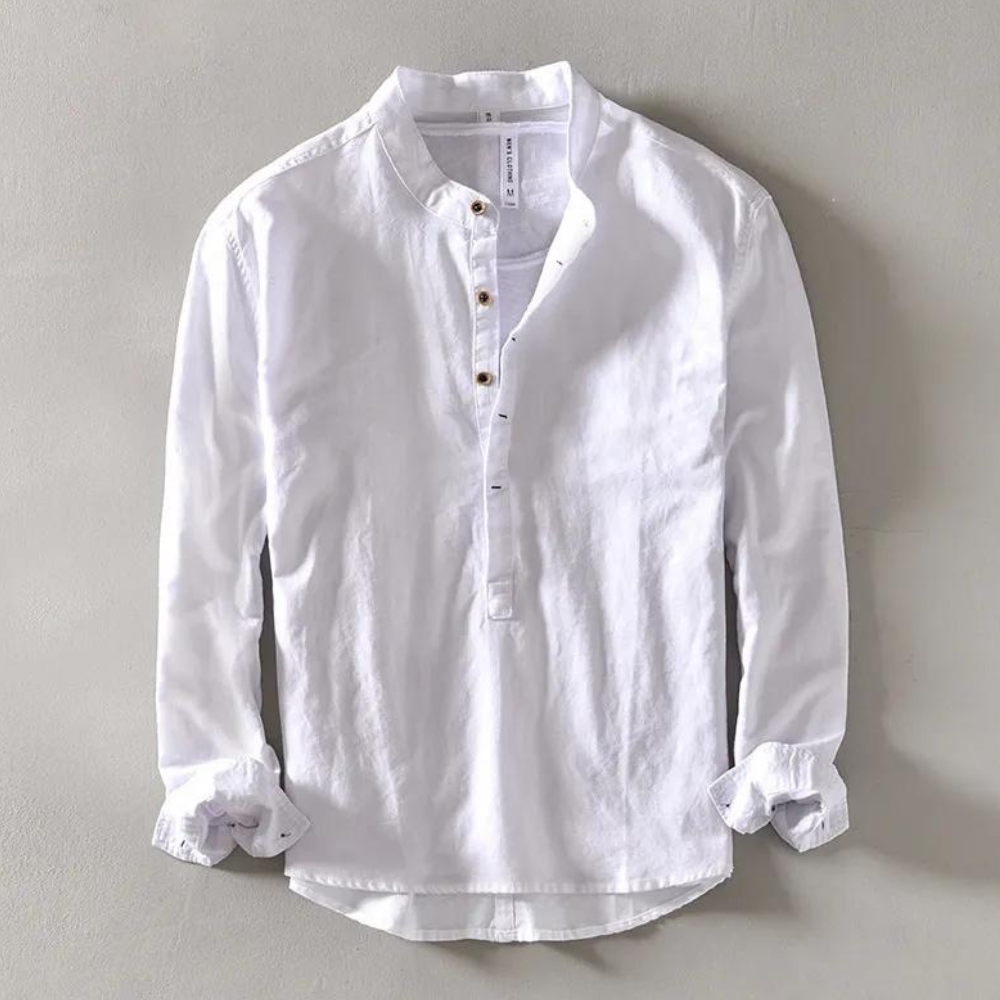 Men's long sleeve henley shirt mandarin collar breathable cotton linen blend casual refined fit