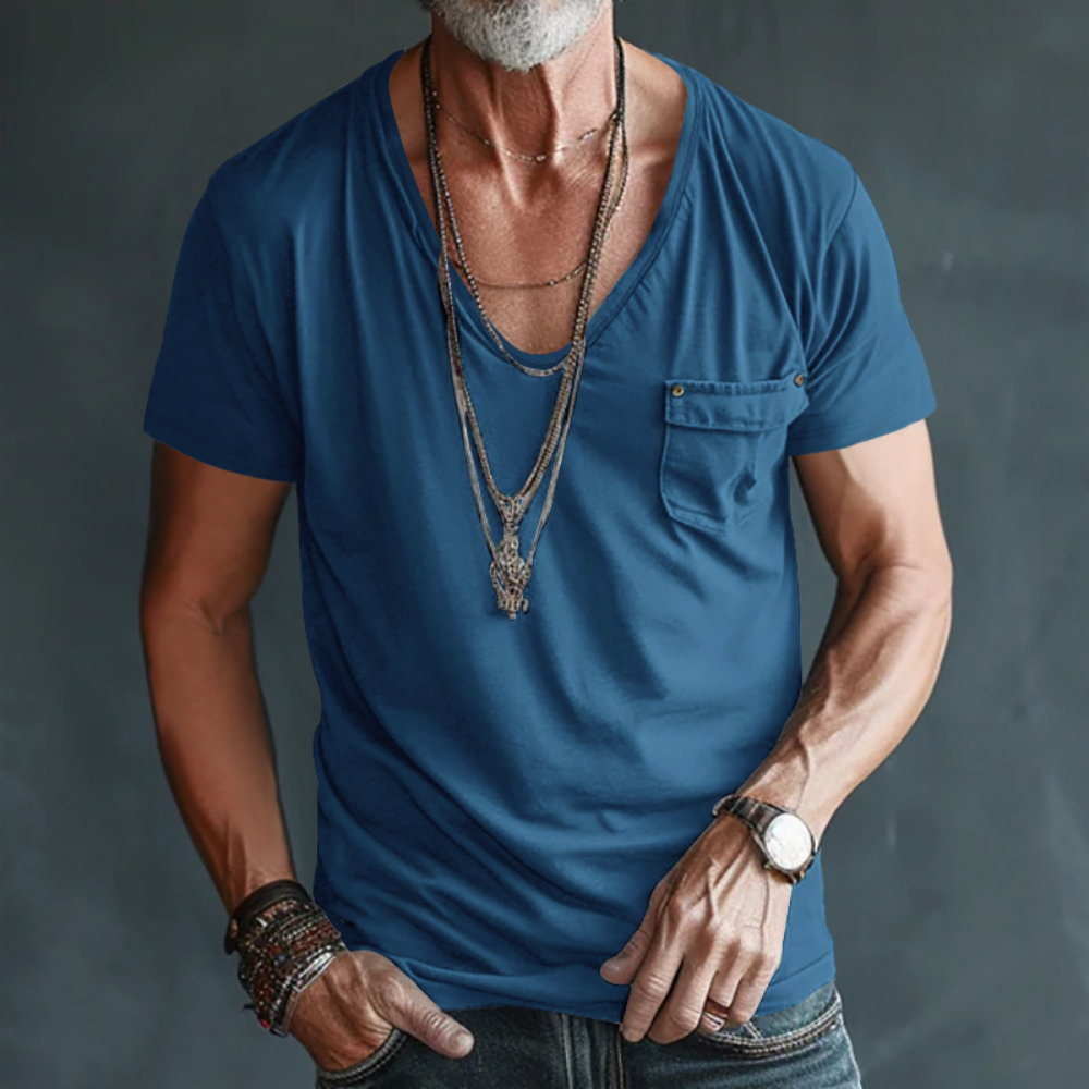 Men's relaxed fit V-neck t-shirt with chest pocket, cotton blend casual everyday tee