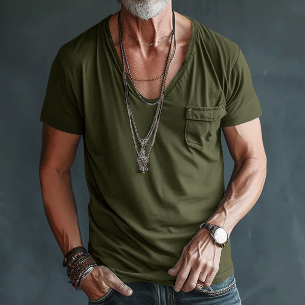 Men's relaxed fit V-neck t-shirt in solid color with chest pocket, cotton blend everyday casual tee