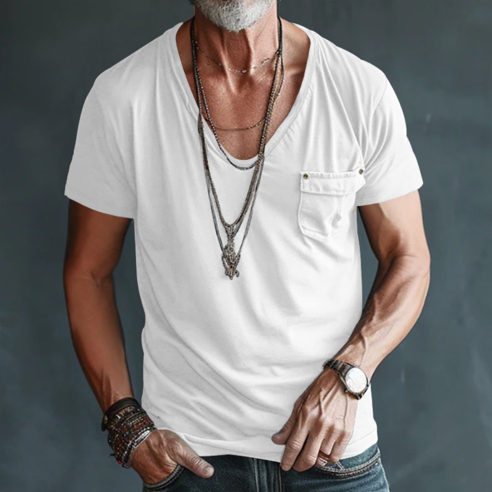 Men's relaxed fit V-neck t-shirt with chest pocket, cotton blend casual everyday tee