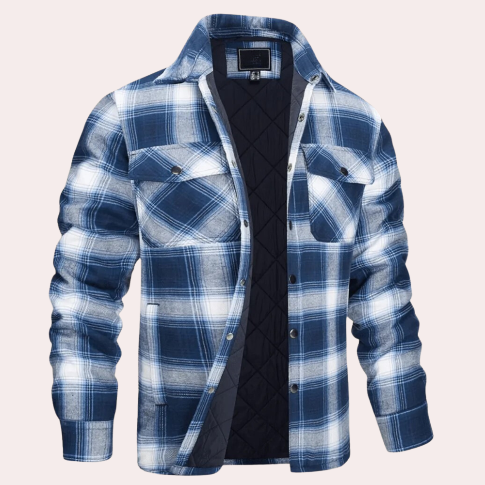 Men's navy blue quilted flannel shirt jacket relaxed fit button-front with dual chest pockets