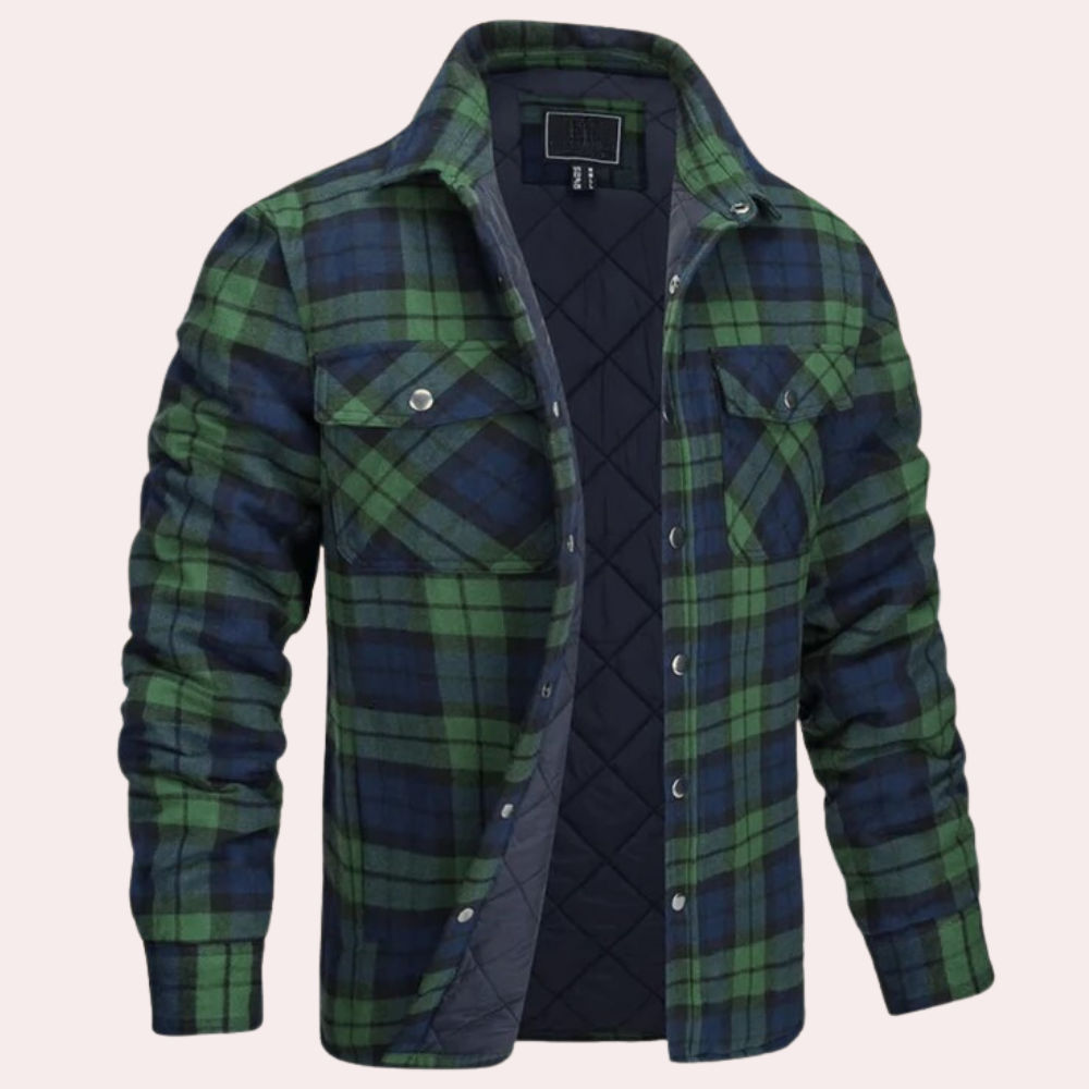 Men's quilted flannel shirt jacket in relaxed fit with button closure and chest pockets for everyday warmth