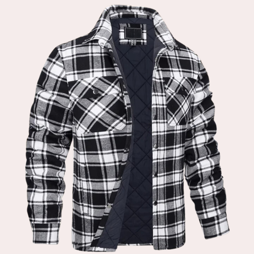 Men's quilted flannel shirt jacket in relaxed fit with button closure and chest pockets for warmth