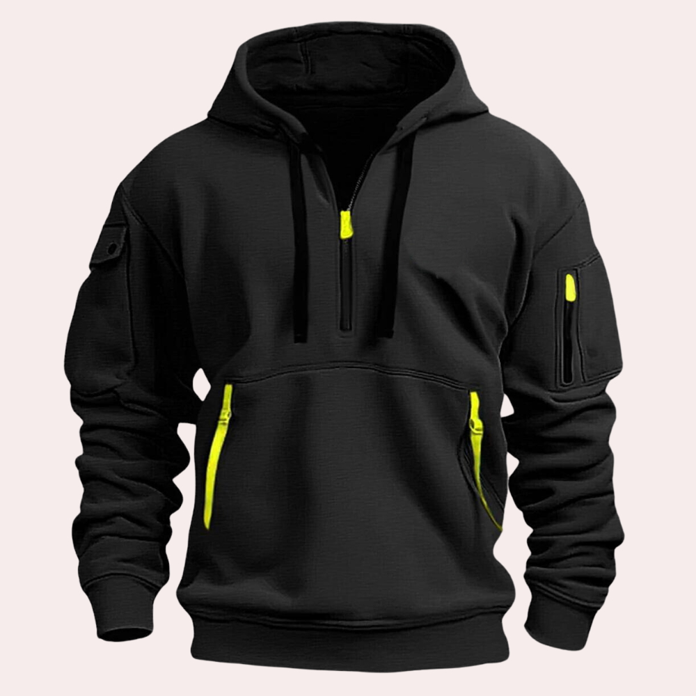 Men's relaxed-fit half-zip hoodie with adjustable hood and zipper pockets, ideal for fall layering