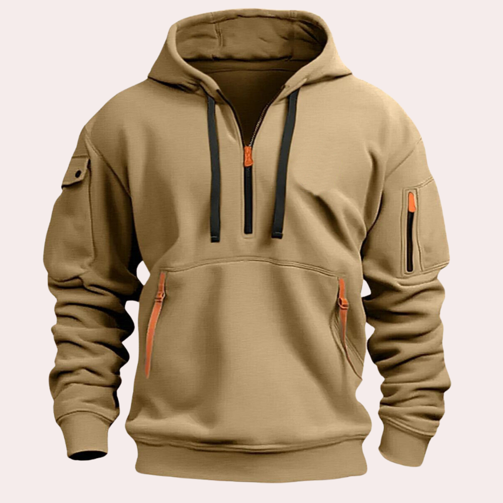 Men's relaxed fit half-zip hoodie with adjustable hood and zipper pockets, perfect for fall layering