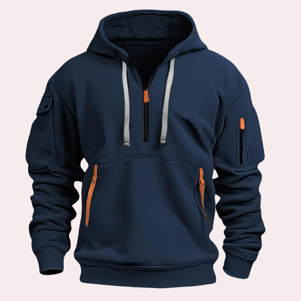 Men's relaxed fit half-zip hoodie with adjustable hood and zipper pockets, ideal for fall layering