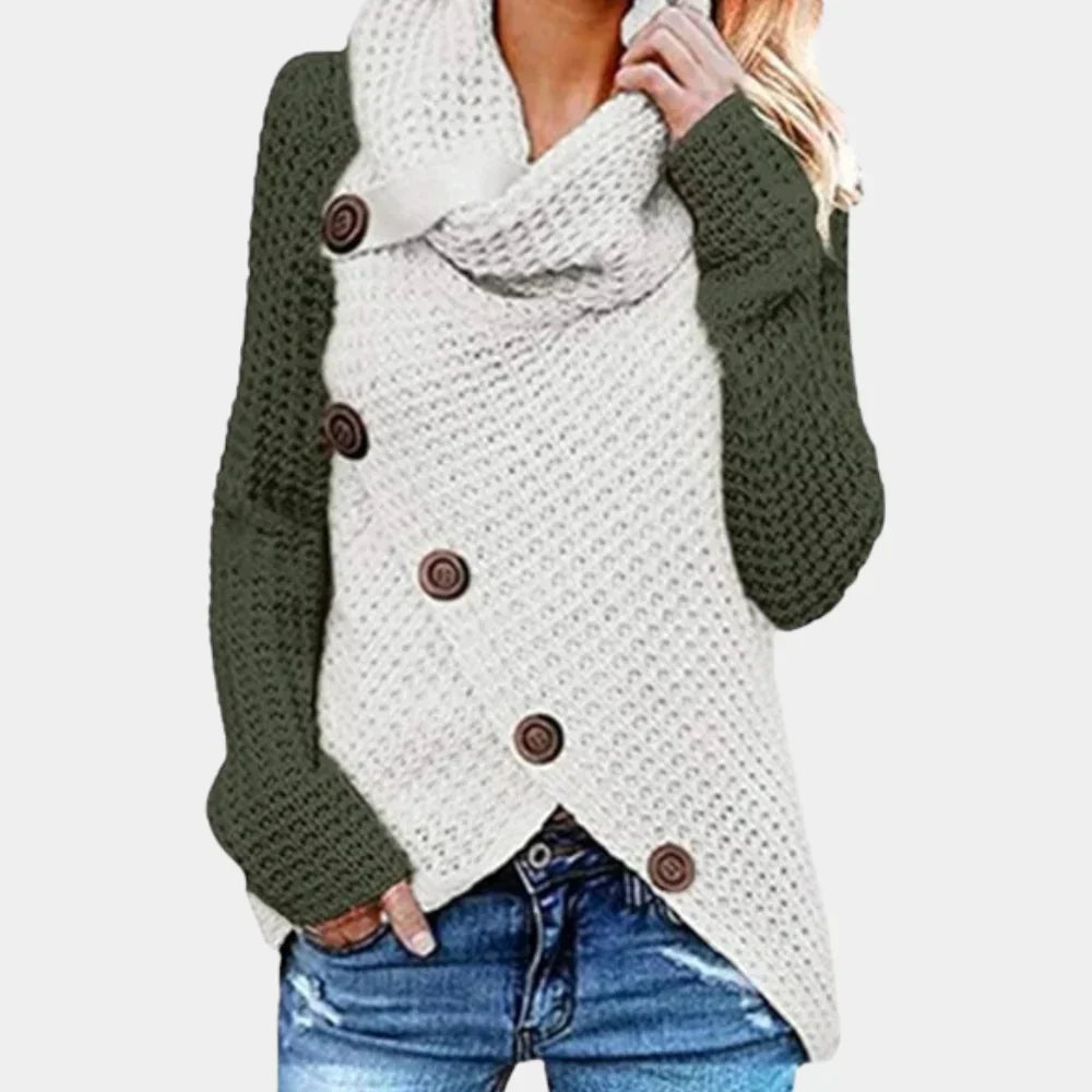 Women's asymmetric knit jumper with decorative buttons, modern elegant silhouette in sustainable knitwear
