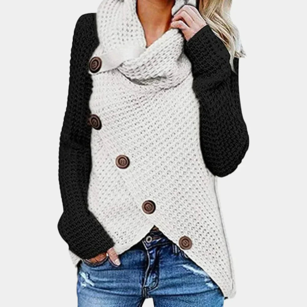 Women's asymmetric knit jumper with decorative buttons, modern elegant silhouette in sustainable knitwear