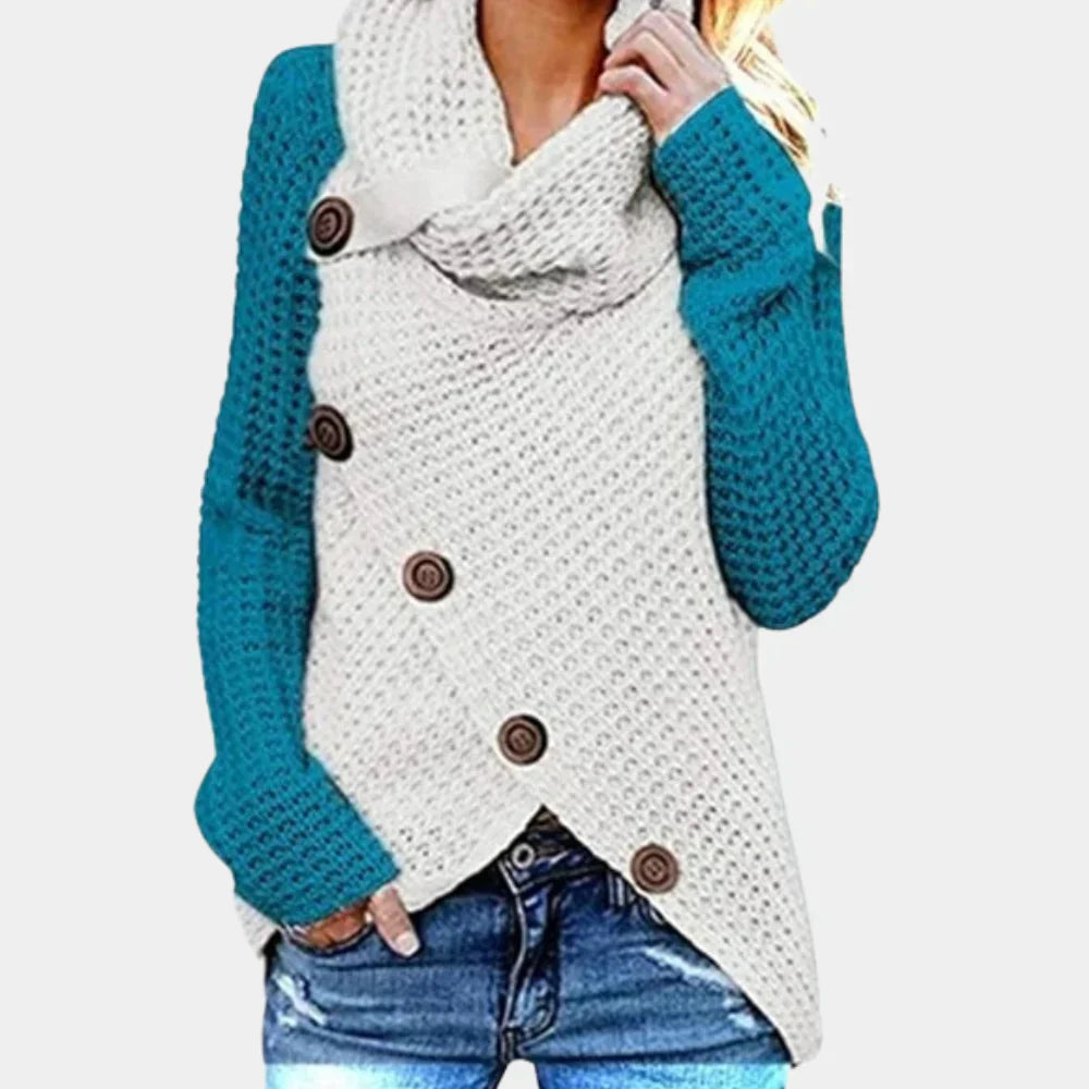 Women's asymmetric knit jumper with decorative buttons, modern elegant silhouette in sustainable knitwear