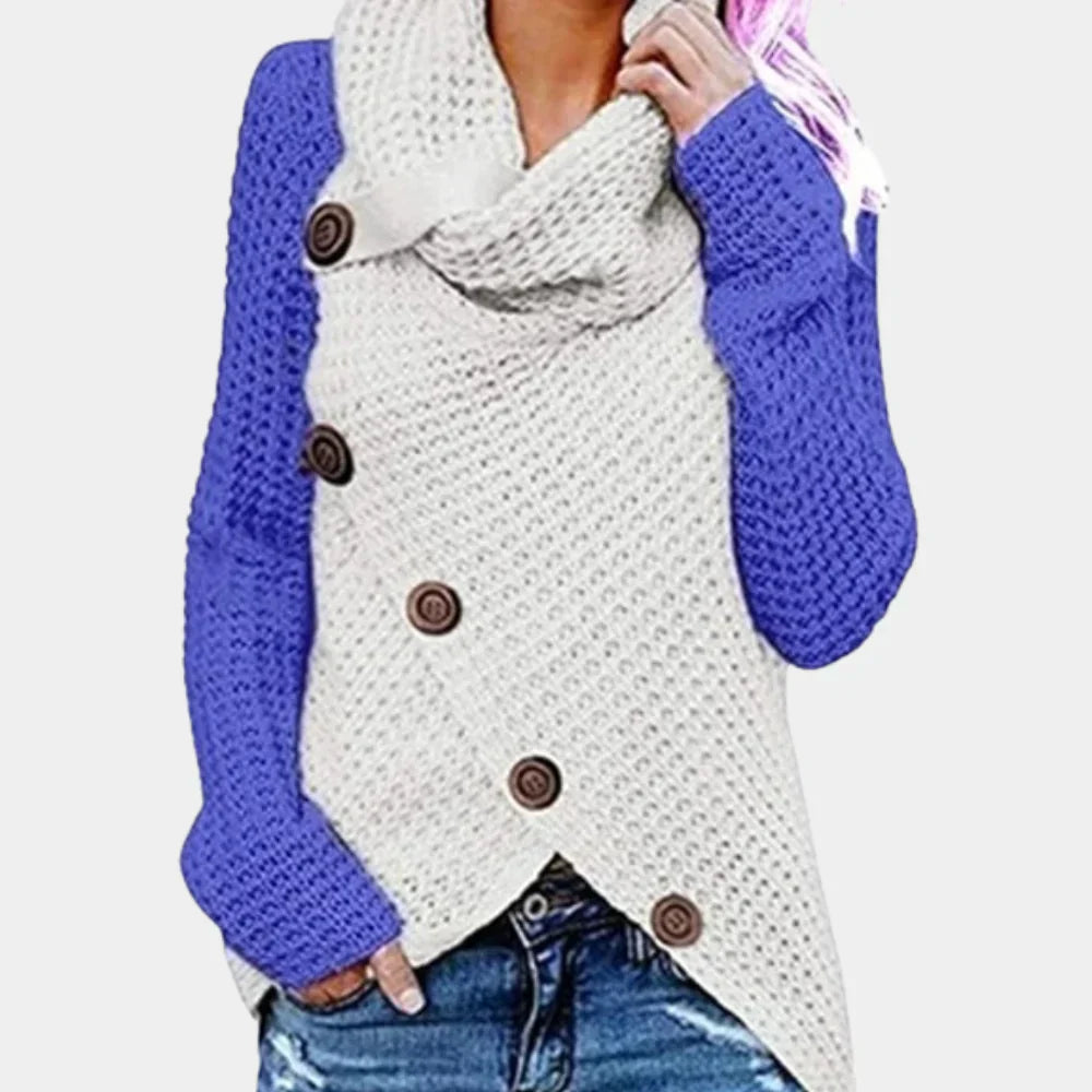 Women's asymmetric button jumper modern elegant knitwear with distinctive decorative buttons versatile sustainable