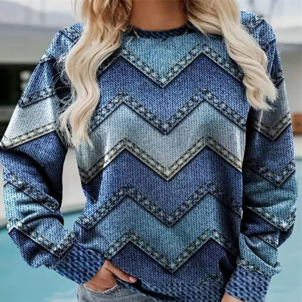 Women's relaxed-fit cotton sweatshirt with chevron denim-effect pattern for cozy everyday casual wear