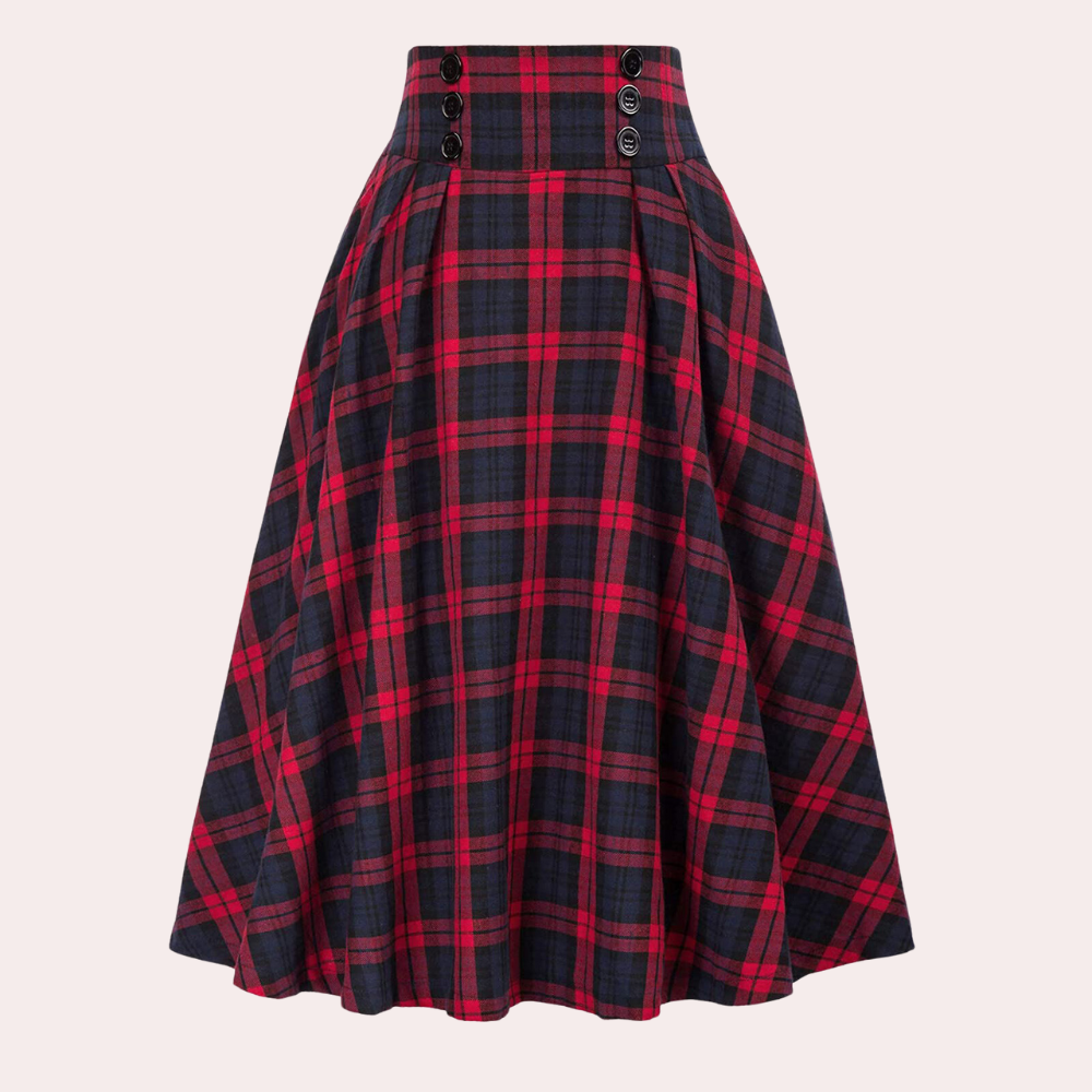 Pleated midi skirt high-waisted A-line silhouette with button detail, versatile chic everyday women's style