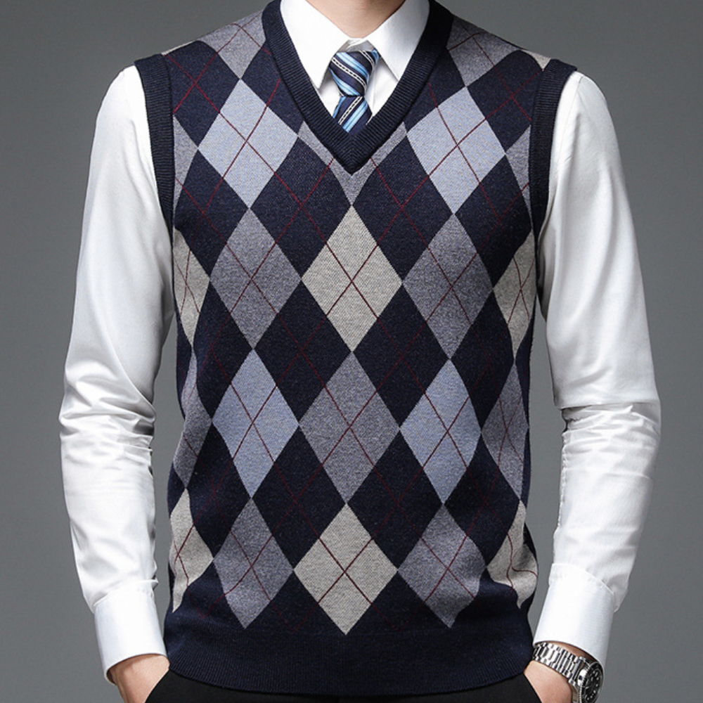 Men's argyle knitted sweater vest V-neck tailored fit wool blend casual formal style