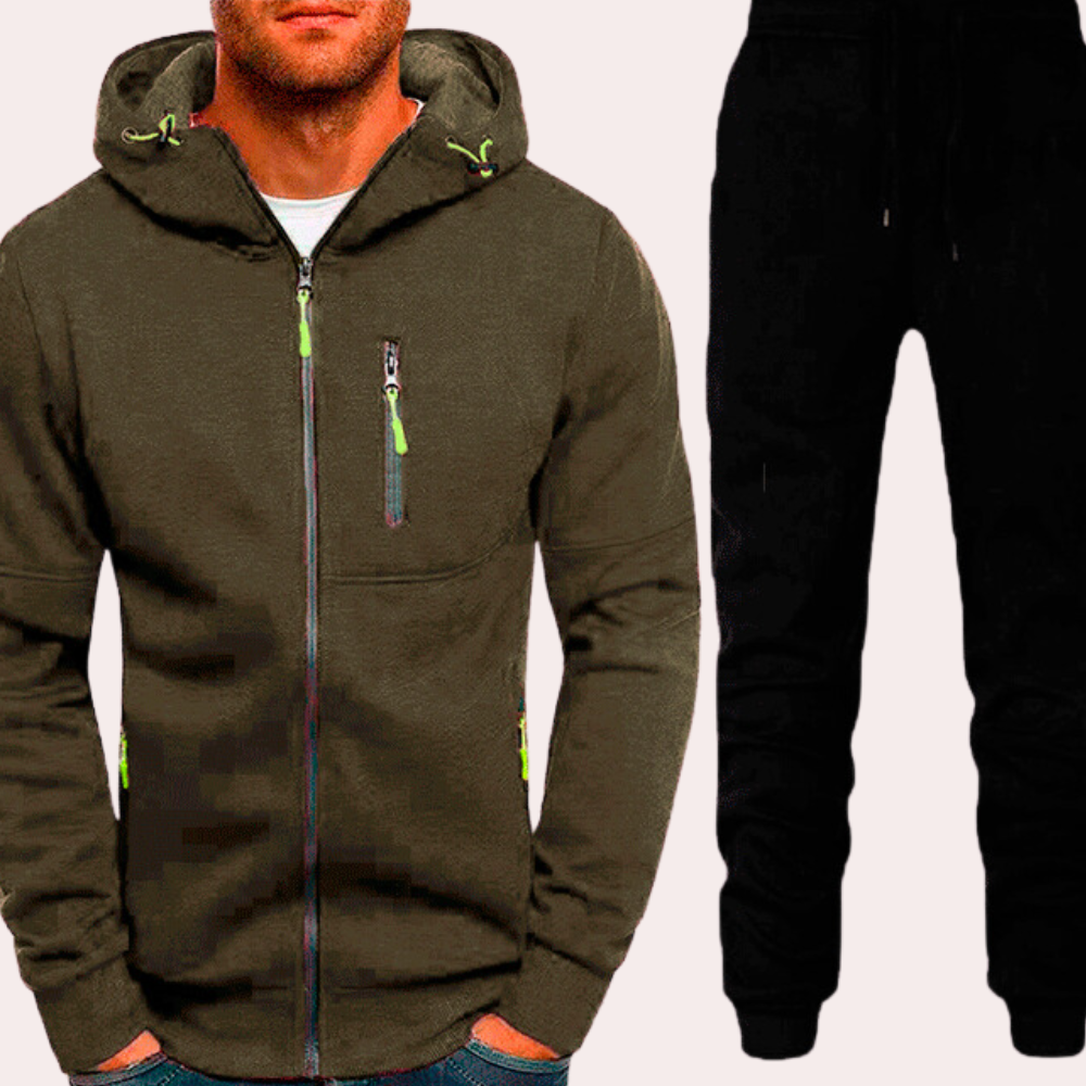 Men's zip-up hoodie and joggers matching set, sporty casual fit with full-front zipper