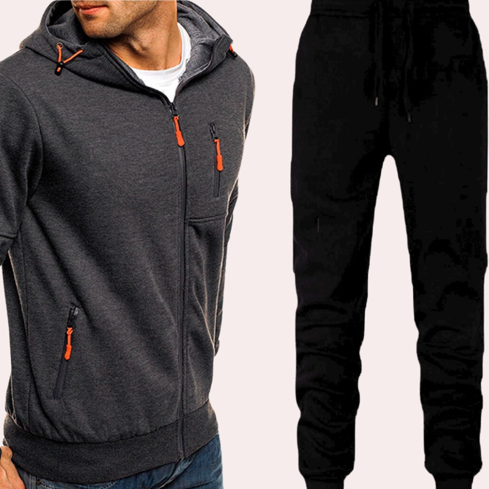 Men's zip-up hoodie and joggers matching set, sporty casual fit with full-front zipper