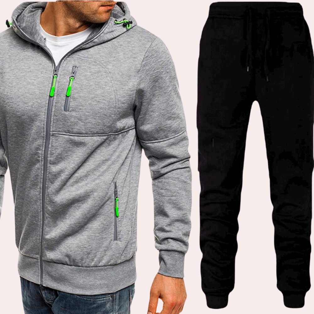 Men's zip-up hoodie and joggers matching set in casual sporty style with adjustable comfort fit
