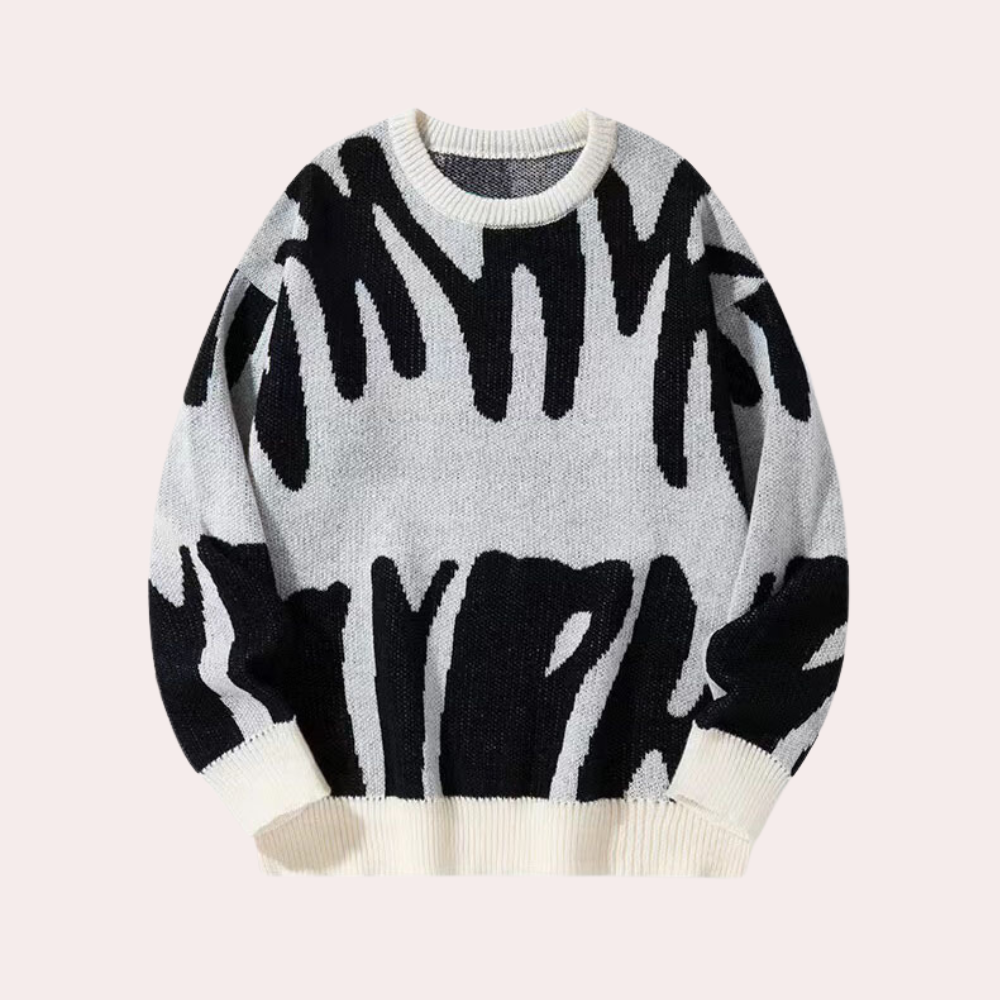 Men's relaxed fit Nordic abstract knitted sweater in warm winter tones, cotton-acrylic cozy blend
